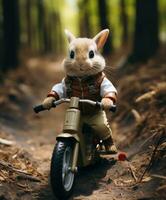 a cute bunny on a minibike riding through a forest photo