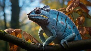 A unique colorful chameleon sits on a branch in a forest photo