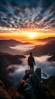 un hombre en parte superior de un montaña pico con ver de nubes y amanecer foto