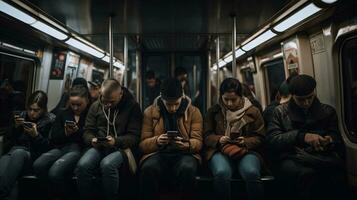 Tired people sit in the subway car and look at their phones photo