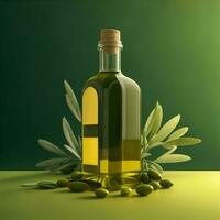 Photo olives and olive oil in bottle close-up with olive branch
