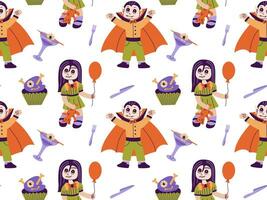 Seamless pattern of cartoon characters at Halloween party dressed as a vampire, zombie doll. Flat vector illustration.