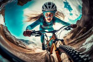 un joven niña en un Deportes bicicleta se apresura fuera del camino a genial velocidad. extremo deporte. Vamos Pro amplio ángulo Disparo foto