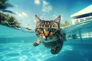 gato nadando en un piscina ai generado, ai generativo foto