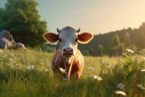 Cow standing on a outdoor filed AI Generated photo