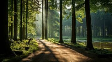 A forest with trees and a path in the morning with the sun shining on the street photo