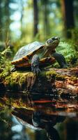 Wildlife turtle on top of a log with forest background photo