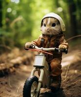 a cute bunny on a minibike riding through a forest photo