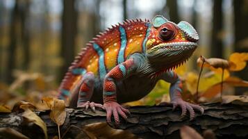 A unique colorful chameleon sits on a branch in a forest photo