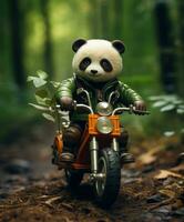 a cute panda on a minibike riding through a forest photo