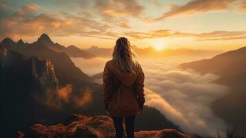 a woman on top of a mountain peak with view of clouds and sunrise photo