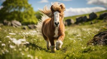 un mini poni caballo corriendo en el amplio césped foto
