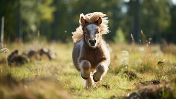 un mini poni caballo corriendo en el amplio césped foto