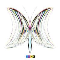 Printa butterfly made of cmyk colored lines halftone dot effect, a white and black line drawing of a letter s a set of four different abstract shapes icon with halftone dot effect vector