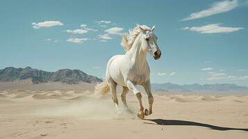 a white horse running over the desert photo