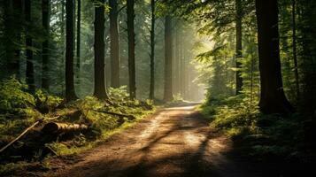 A forest with trees and a path in the morning with the sun shining on the street photo