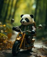 a cute panda on a minibike riding through a forest photo