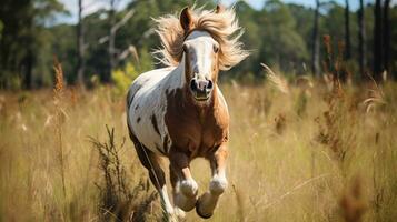a horse running on the wide grass photo