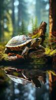 Wildlife turtle on top of a log with forest background photo