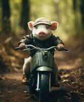 un linda cerdo en un mini bicicleta montando mediante un bosque foto