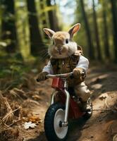 a cute bunny on a minibike riding through a forest photo