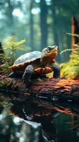 Wildlife turtle on top of a log with forest background photo