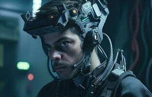 Cyberpunk Man portrait futuristic neon style wear a robotic headset photo