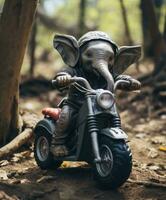 un linda bebé elefante en un mini bicicleta montando mediante un bosque foto