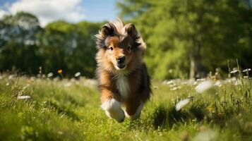 a Mini Pony Horse running on the wide grass photo