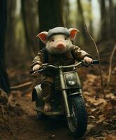 a cute pig on a minibike riding through a forest photo