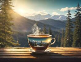 Hot coffee mug on table with high mountain view in the morning. photo