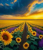 AI Generated. AI Generative - Dreamscapes Unveiled - Technicolor Clouds and Sunflower Horizon photo