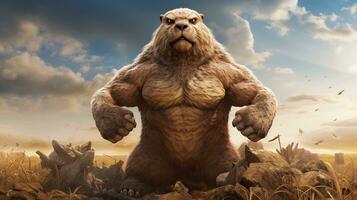 prairie dog enthusiastic muscleman, digital art illustration, Generative AI photo