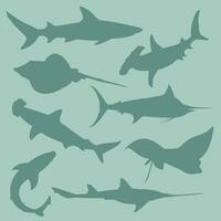 Set of ocean animals sharks and stingray silhouettes. Shark species. Vector illustration. Can be used as seamless pattern, background, textile