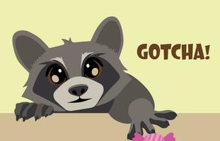 Cartoon raccoon stealing a candy from a table. Funny vector illustration