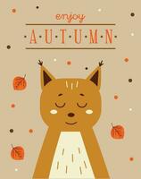 Cute simple autumn postcard design with cartoon squirrel and falling leaves vector