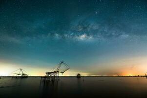 Milky way with square dip net in lake at Pakpra village, Phatthalung, Thailand photo