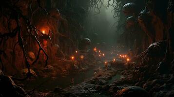 the haunting gorge of creatures, digital art illustration, Generative AI photo