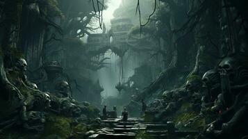 the haunting gorge of creatures, digital art illustration, Generative AI photo