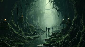 the haunting gorge of creatures, digital art illustration, Generative AI photo