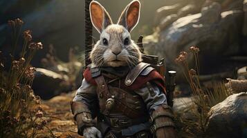 rabbit cunning cavalryman, digital art illustration, Generative AI photo