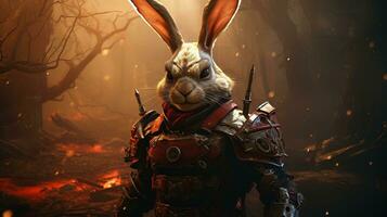 rabbit cunning cavalryman, digital art illustration, Generative AI photo
