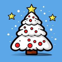 clipart diseño ilustración de un árbol cubierto en nieve y estrellas en parte superior en un azul antecedentes vector