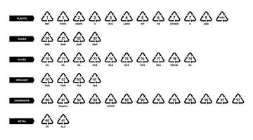 Set of recycling codes symbols on isolated. For packaging. Plastic, paper, glass, organic, composite metal vector