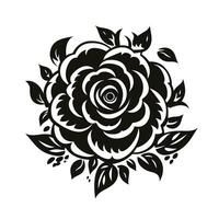 A black and white silhouette of a rose with leaves, top view. Simple monochrome vector illustration, isolated on a white background.