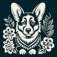 A cute Pembroke Welsh Corgi dog surrounded by flowers and leaves. Monochrome ornamental vector illustration in a simple style, isolated on background.