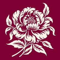A white peony flower with leaves on a burgundy background. Simple monochrome vector illustration, ornamental, isolated on background.