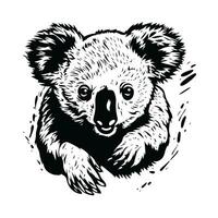 Portrait of a cute koala peeking out of the thicket and gazing at the viewer. Simple vector illustration, black and white, isolated on background.