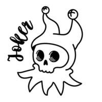 Hand drawn skull in jester fools cap. Cute joker skull vector