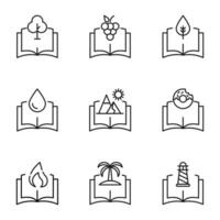 Set of signs for UI, adverts, books drawn in line style. Editable stroke. Icons of tree, grape, drop, mountain, donut, fire, palm, lighthouse over book vector